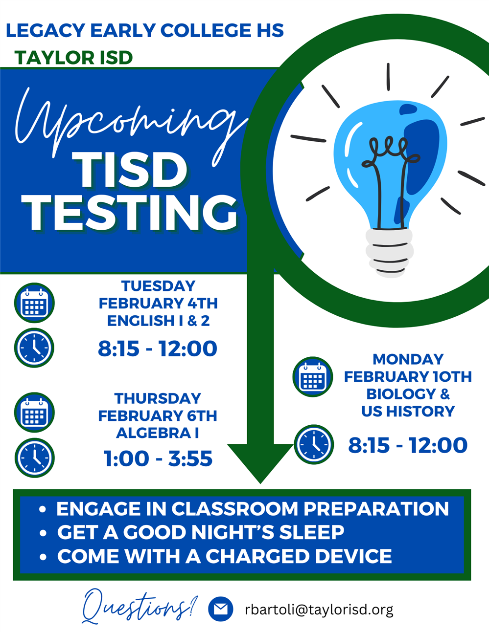  TISD February Testing Dates 2/4,6,10