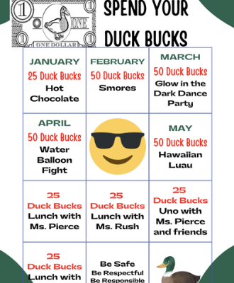 Spend your Duck Bucks month by month chart